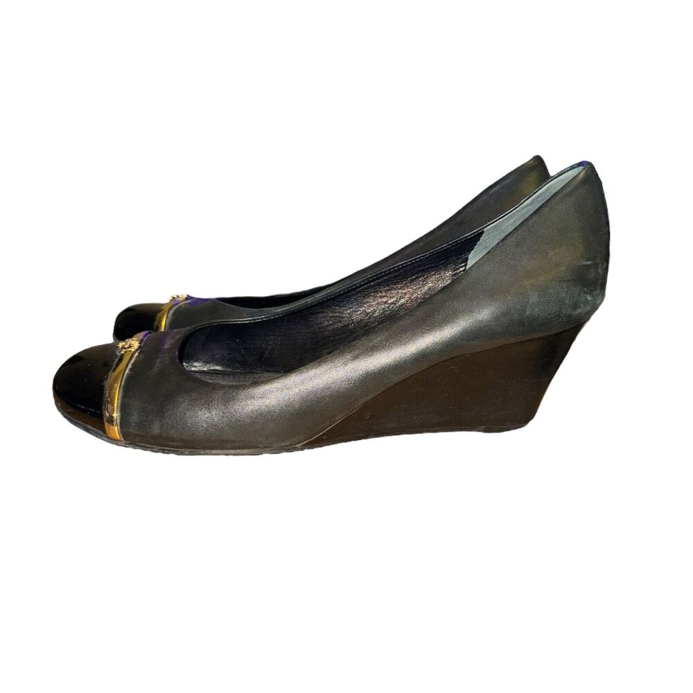 Tory Burch Pacey Wedge Heels Women's 10.5 M Black Leather Patent Cap Toe Shoes